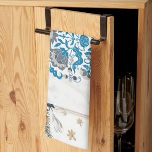 Graphic Artwork, Teal Mandala Floral Frame Kitchen Towel