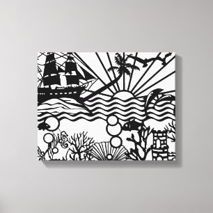 Graphic B&W Sailing Ship Underwater Canvas Print