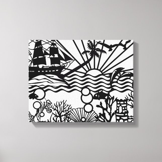 Graphic B&W Sailing Ship Underwater Canvas Print (Front)