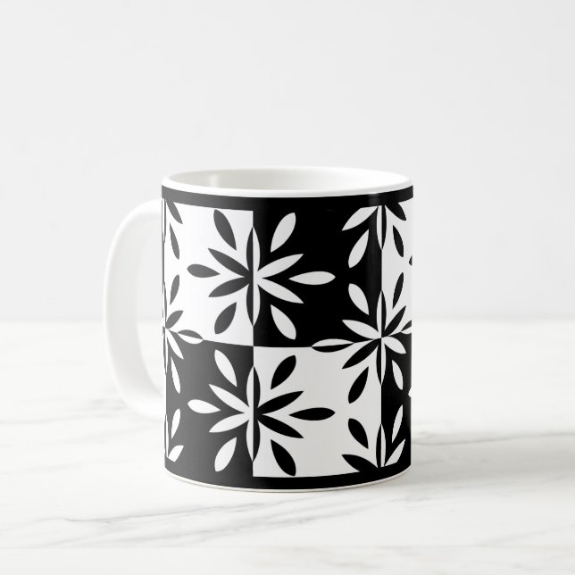 Graphic Black and White Geometric Flower Pattern Coffee Mug (Front Left)