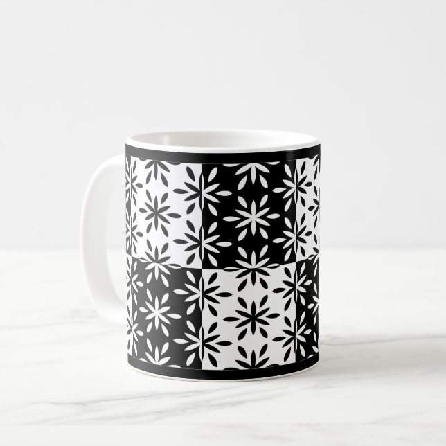 Graphic Black and White Geometric Flower Pattern Coffee Mug (Front Left)