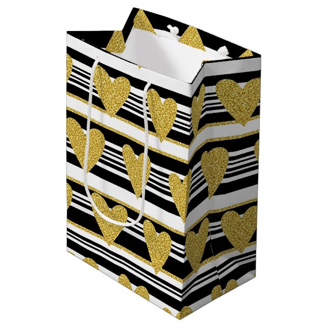 Graphic Black White Heart Stripe Pattern Medium Gift Bag (Front Angled)
