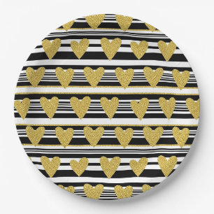 Graphic Black White Heart Stripe Pattern Paper Plate