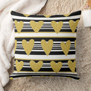 Graphic Black White Heart Stripe Pattern Throw Pillow