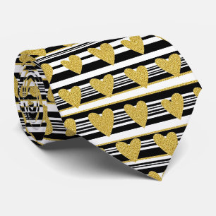 Graphic Black White Heart Stripe Pattern Tie