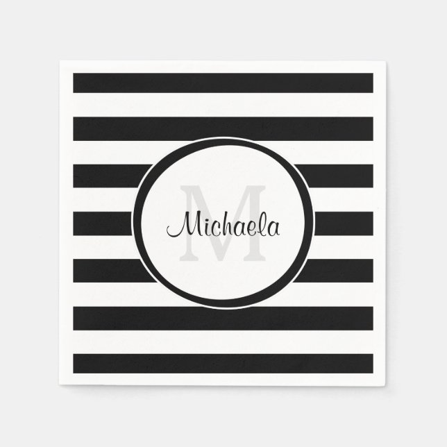 Graphic Broad Black and White Stripes and Monogram Napkin (Front)