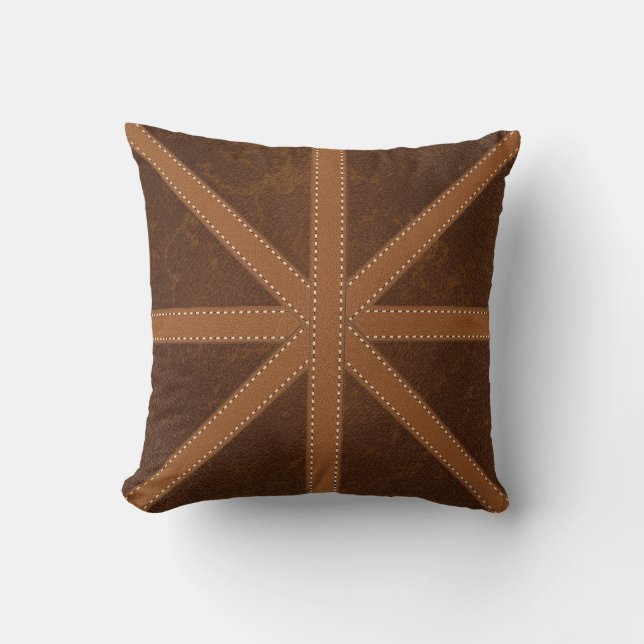 Graphic Brown Leather Pattern Union Jack Cross Throw Pillow (Front)
