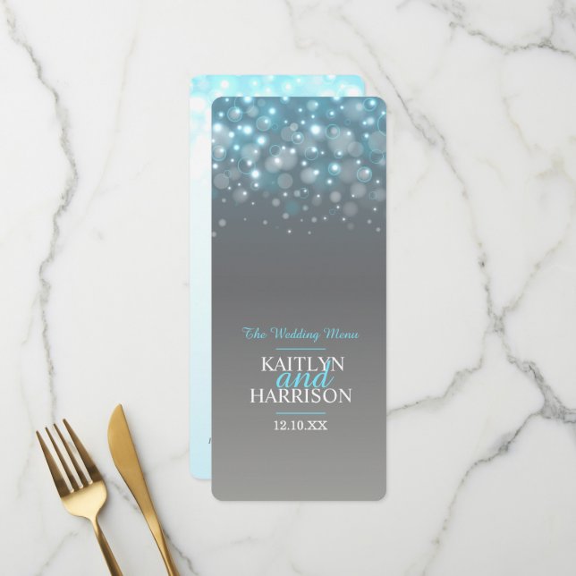 Graphic bubble grey blue wedding dinner menu (Front/Back In Situ)