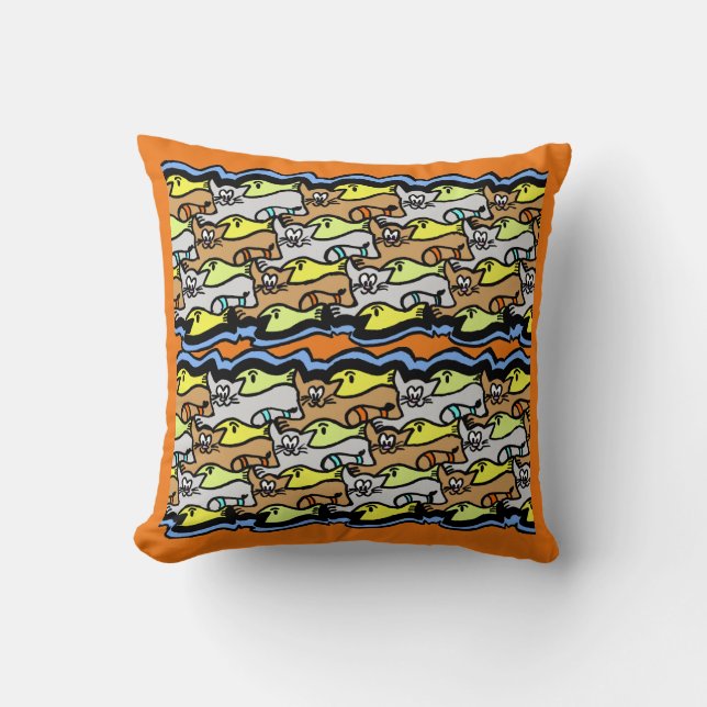 Graphic Cats and Fish Cartoon Cust BG Throw Pillow (Front)