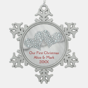 Graphic Diamonds Hearts Our First Christmas Snowflake Pewter Christmas Ornament