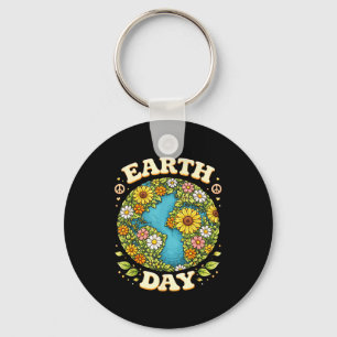 Graphic earth day floral planet retro groovy 70s keychain