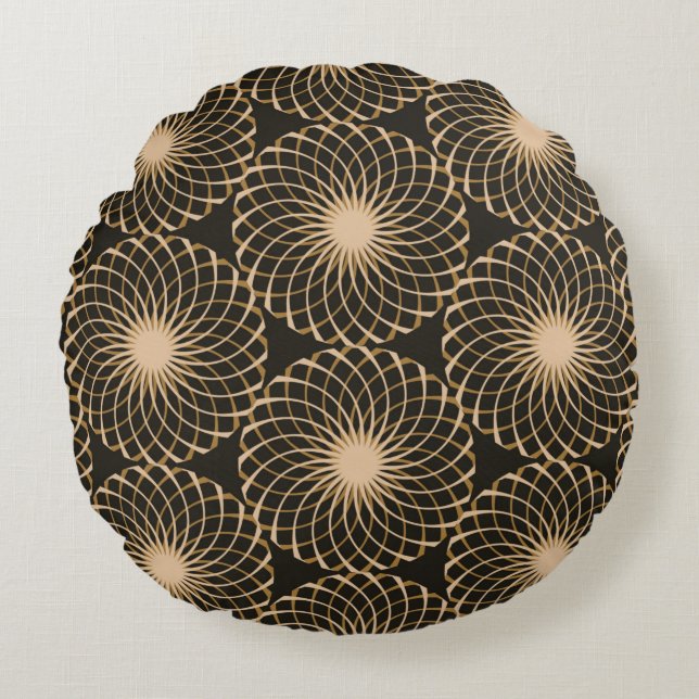 graphic floral tracery grid seamless pattern in iv round pillow (Front)