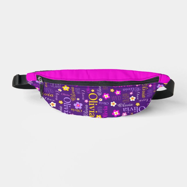 Graphic flowers and text olivia purple pink yellow fanny pack (Front)