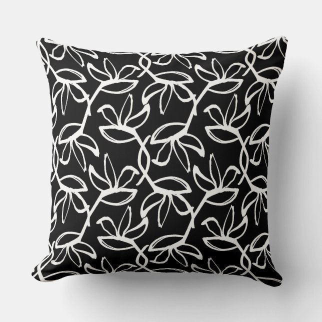 Graphic Flowers in Black and White Throw Pillow (Front)