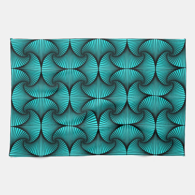 Graphic Geometric 3D Scallop Fan Turquoise Kitchen Towel (Horizontal)