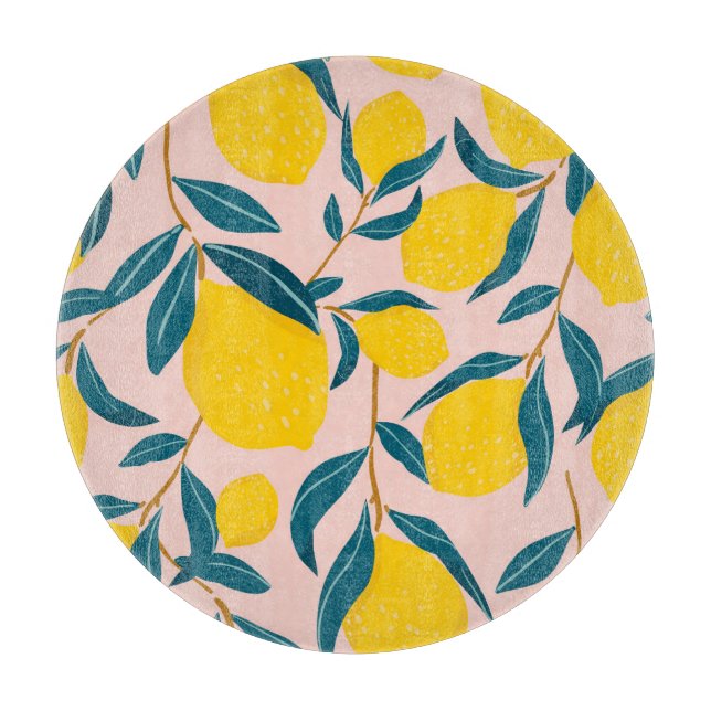 Graphic illustrated lemons: pink seamless pattern cutting board (Front)