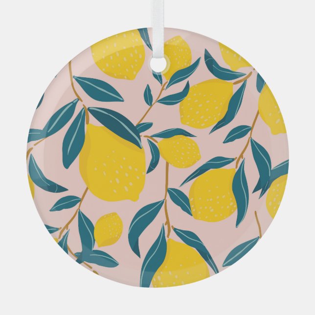 Graphic illustrated lemons: pink seamless pattern glass ornament (Front)