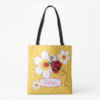 Graphic ladybug flowers girls name tote bag