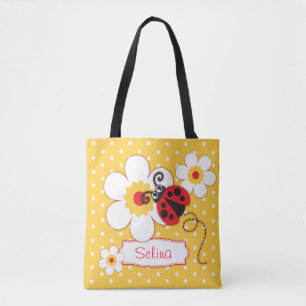 Graphic ladybug flowers girls name tote bag