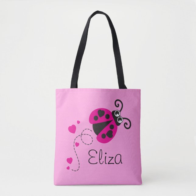 Graphic ladybug hearts girls name tote bag (Front)