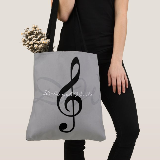 graphic musical note on grey tote bag with name (Close Up)