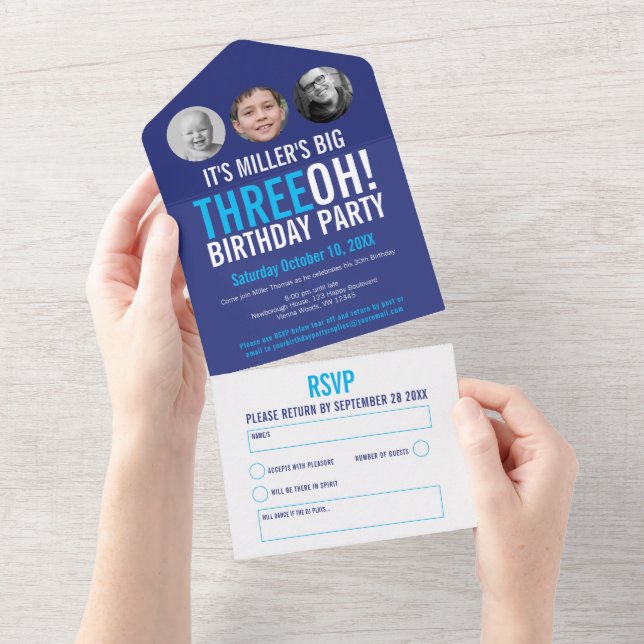 Graphic navy sky blue 30th Birthday party photo Al All In One Invitation (Tearaway)