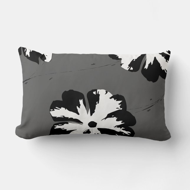 Graphic Pansy Grey, Black & White Lumbar Pillow (Front)