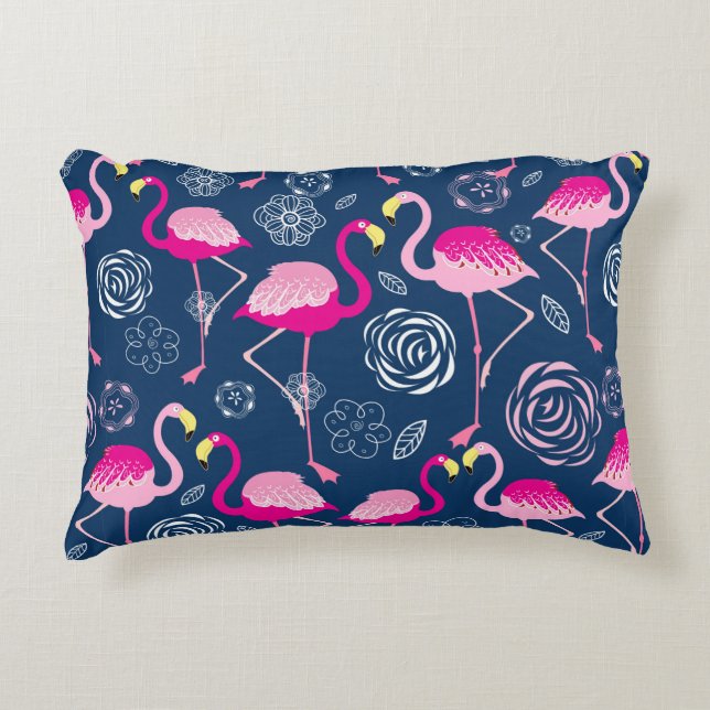 Graphic pattern of pink flamingos on a dark blue b accent pillow (Front)