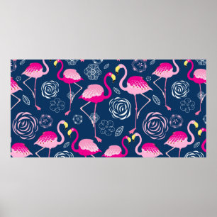 Graphic pattern of pink flamingos on a dark blue b poster