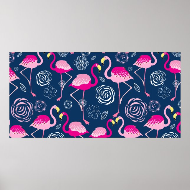 Graphic pattern of pink flamingos on a dark blue b poster (Front)
