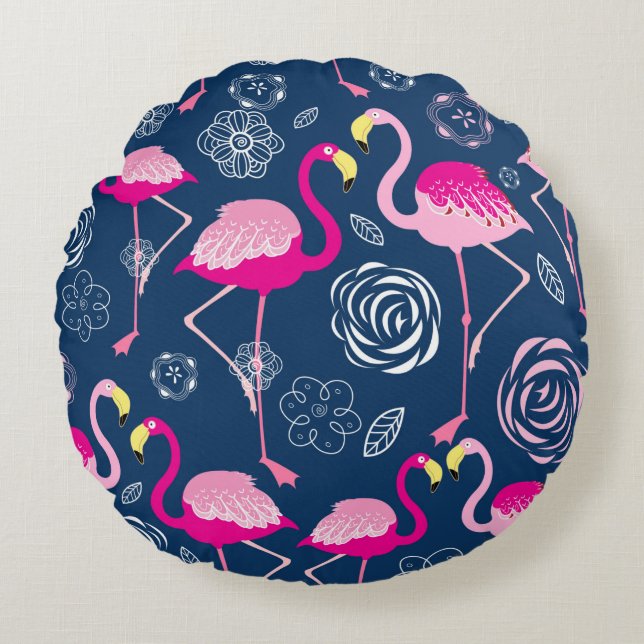 Graphic pattern of pink flamingos on a dark blue b round pillow (Front)