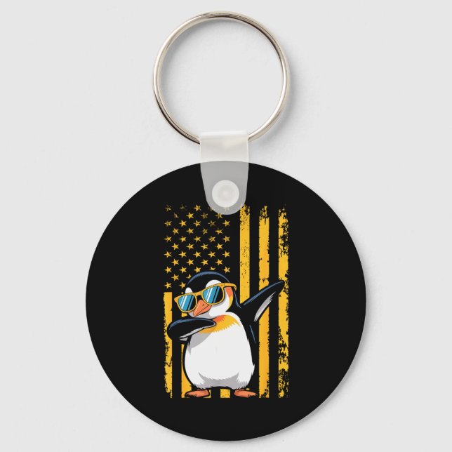 Graphic Penguin Retro American Flag Funny Penguin  Keychain (Front)
