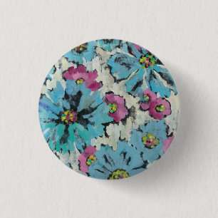 Graphic Pink and Blue Floral 1 Inch Round Button