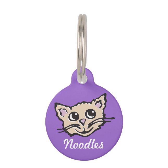 Graphic purple brown cat name & details pet tag (Front)