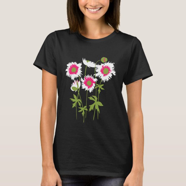 Graphic ragged poppies white, pink & green T-Shirt (Front)