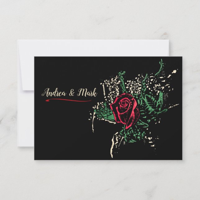 Graphic Red Rose Leaves Baby's Breath Wedding Invitation (Front)