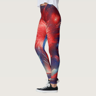 Graphic Red, White and Blue Fireworks In Clouds Leggings