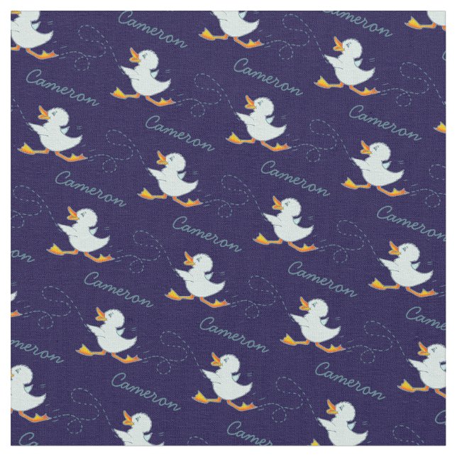 Graphic running duck name art blue pattern fabric (Close Up)