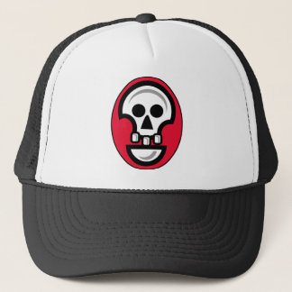 Graphic skull image in red, black and white trucker hat