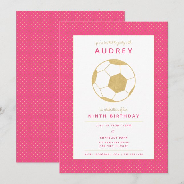 Graphic Soccer Star Sports Party in Pink and Gold Invitation (Front/Back)