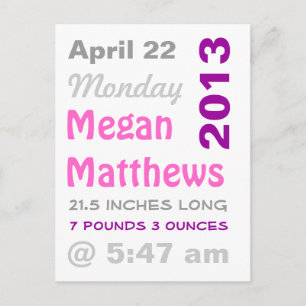 Graphic Stats Birth Announcement Postcard