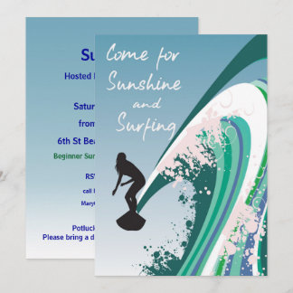 Graphic Surfer on Wave Sunshine and Surfing Party Invitation