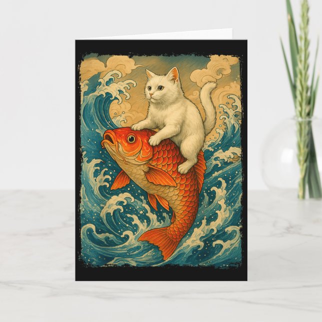 Graphic Tee Men Women Funny Cat Koi Japanese Art W Card (Front)