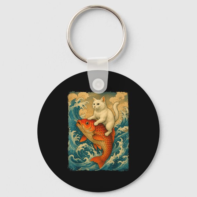 Graphic Tee Men Women Funny Cat Koi Japanese Art W Keychain (Front)