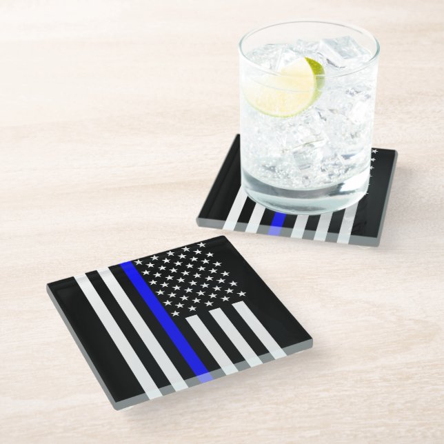 Graphic Thin Blue Line Display US Flag Glass Coaster (Angled)