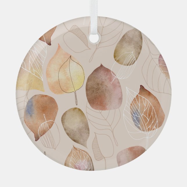 Graphic Watercolor Leaf Autumn Design Glass Ornament (Front)
