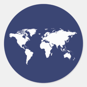 graphic white world map on blue classic round sticker