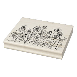 Graphic wild flowers black ink rubber stamp
