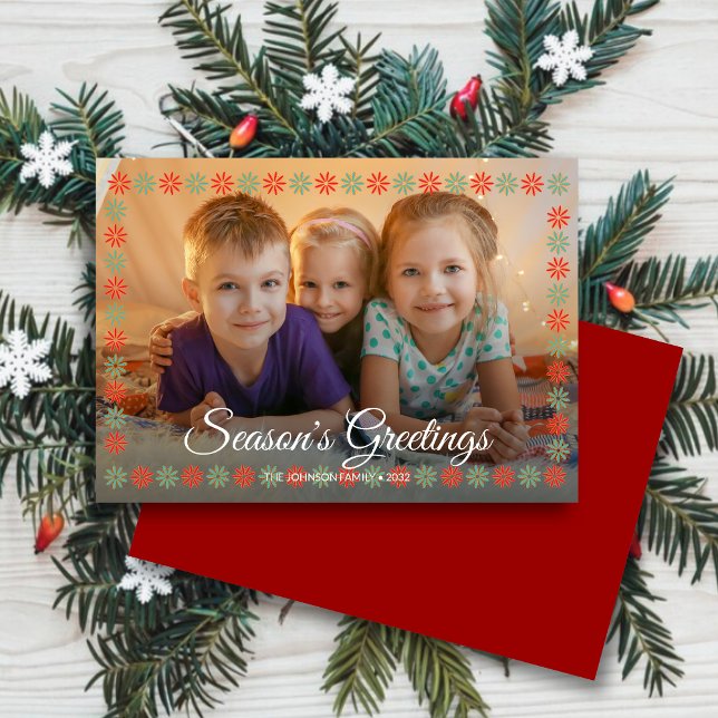 Graphical Floral Border "Season's Greetings" Photo Holiday Card (Creator Uploaded)