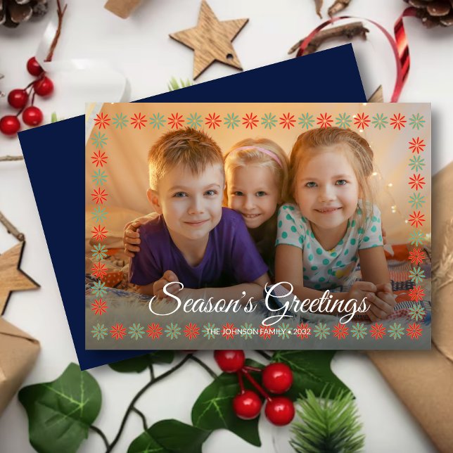 Graphical Floral Border "Season's Greetings" Photo Holiday Card (Creator Uploaded)